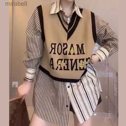 Women's Blouses Shirts Women's Clothing Letter Printed Shirt Fake Two Pieces Spring Autumn Lapel Knitted Patchwork Korean Striped Asymmetrical Blouse YQ240119