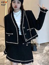 Vintage Tassel Tweed Black Jacket For Women Korean Fashion Vneck Single Breasted Plus Size Long Sleeve Coat Elegant Casual Tops 240118
