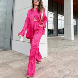 Women's Pants Suit Leopard Print Jacquard Spring And Autumn Long-sleeved Shirt Elasticated Waist Loose Trousers Two-piece Set