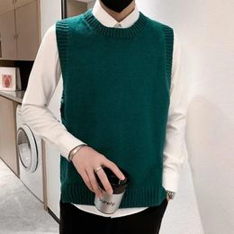 Men's Vests Clothing Round Collar Plain Knit Sweater Male Sleeveless Green Solid Colour Crewneck Waistcoat Vest Y2k Streetwear Baggy X