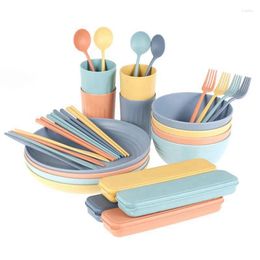 Dinnerware Sets 32Pcs/Set Wheat Straw Nature Material Tableware Bowls Cups Plates Cutlery Fork Spoon Chopsticks Microwave Oven Available