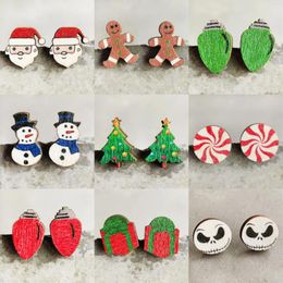 Stud Earrings Small Wood Christmas Tree Holiday Gifts Santa Claus Gingerbread Man Snowman For Women Funny Jewellery Gift Wholesale