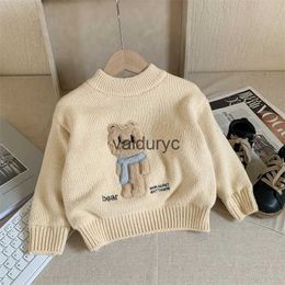 Pullover 2023 Winter New Baby Warm Knit Sweater Plus Velvet Thick Kids Boys Cartoon Embroidery Knitwear Infant Girl Pullover Baby Clothes H240508