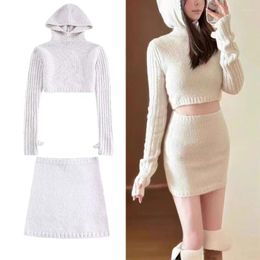 Women's Sweaters Woman Short Hooded Knit Sweater Suit Vintage Long Sleeve Hoodies Pullover Chic Tight Tops Mini Skirts Sets