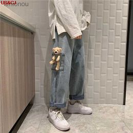 Men's Jeans 2023 Autumn Fashion High Street Jeans Men Casual Straigh Pants Cute Pocket Bear Harajuku Wide Leg Trousers Denim PantsL240119