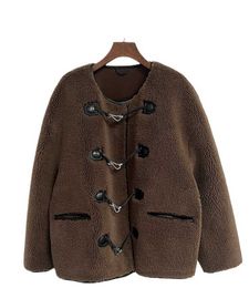 Women's Fall and Winter New Designer Metal Leather Button Fur Coat Patchwork Casual Jacket 3G3MC