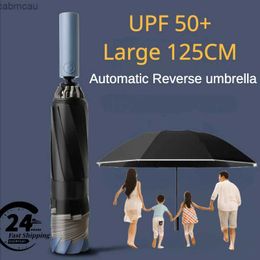 Umbrellas Windproof Strong 125CM Large 10 Bone 3 Folding Reverse Umbrella for Men Safety Reflective Stripe Rain and Sunshade Big Umbrellas