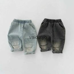 Trousers 2023 Autumn New ldren Denim Trousers Girls Vintage Jeans Baby Pocket Pants Kids Boys Casual Pants Fashion Baby Clothes H240508