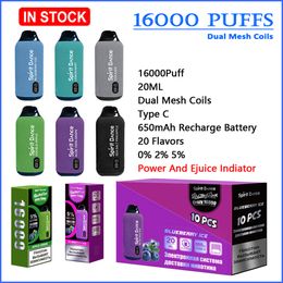 NEW SPIRIT 16000 16K Puffs Vape Dual Mesh Coil 650mAh Type-C Charging 20ml Prefilled Pod With Battery And Ejuice Display 0/2/5% Disposable E Cigarettes