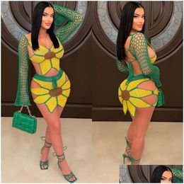 Two Piece Dress Women Long Sleeve Tops And Mini Skirt Hand-Clogheted Sunflower Swimsuit Er Ups 2023 Summer 2 Set Drop Delivery Dhoeg