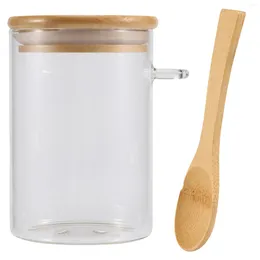 Storage Bags Glass Food Airtight Canister Castor Lid Tank Jar Bamboo Container With Wooden Spoon