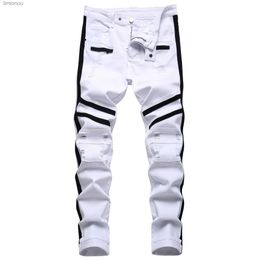 Men's Jeans Punk Jeans Men Zipper Hip Hop Slim Fit White Bike Jeans Elastic Split Denim Pants Cotton Fashion Casual Jogging Male ClothingL240119