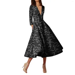 Casual Dresses 2024 Spring For Women Robe Abstract Painting Party Swing A Line Dress Elegant V Neck Long Sleeve Loose