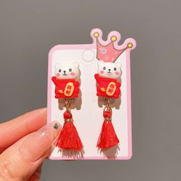 Children's Red Clips Chinese Style Earrings Auspicious Cartoon Tassels Girls' Earrings Without Ear Holes New Year Jewellery