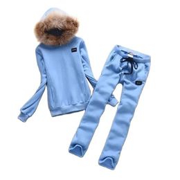 Women's Two Piece Pants Winter Juicy Coconut Women's Hooded Sweatshirt and Pants Sets Thick Cotton Tracksuit with Fur Collar