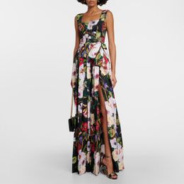 Damenkleid Europäische Modemarke Baumwollschwarzes, langes Slip-Kleid mit Rosendruck und geraffter Taille