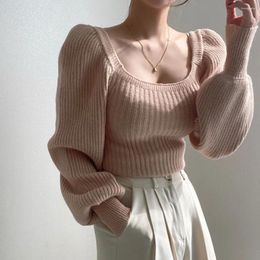 Women's Sweaters 2024 Fall Winter Brown Retro Romantic Puff Long Sleeve Ribbed Knitted Sweater T-Shirt Ladies Tops