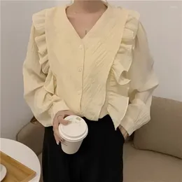 Women's Blouses Korean Chic Patchwork Blouse V-neck Ruffles Puff Long Sleeve Single Breasted Shirts Elegant Women White Tops Autumn 2024