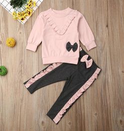 2PCS Baby Girl Outfit Clothes Sets Long Sleeve Pink Ruffle Bowknot Sweatshirt Pants Toddler Kid Clothes Set9995425