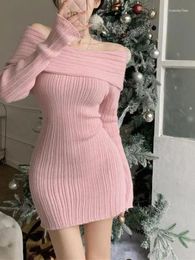 Casual Dresses One Shoulder Knitted Sweet Long Sleeve Slim Wrapped Hip Pink Dress Elegant Mature Sheer Charm Gentle Backless Fashion 1F0K