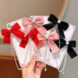 Red/Black/Pink Kids New Year Bow Hair Clips Pearl Solid Color Ribbon Baby Bows Hair Accessories for Baby Girls Handmade Bowknot Hairpin 3029