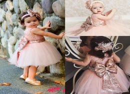 Baby Infant Toddler Birthday Party Dresses Blush Pink Rose Gold Sequins Bow Lace Crew Neck Tea Length Tutu Wedding Flower Girl Dre7499497