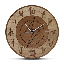 Wall Clocks Lineman Design Wood Texture Acrylic Printed Clock Power Pole Art Hanging Watch Silent Swept Line Life Worker Gift