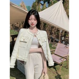 MEXZT Tweed Woollen Coat Women Elegant White Tassel Cropped Jackets Spring Autumn Korean Vintage Single Breasted Outwear Tops 240118