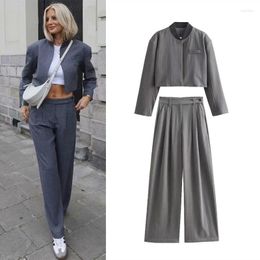 Women's Pants Female Striped Pleat Pant Suits Casual Loose Wide Leg For Women Vintage O-neck Cropped Slim Jackets Sets Streetwear