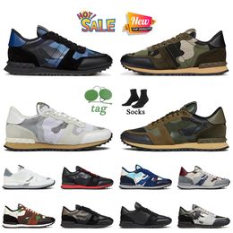 Luxury Fashion Desginer Casual Shoes Rockrunneres Camouflage Sneakers Nappa Calfskin Leather Black White Pastel Grey Military Green Mesh Camo Loafers Trainers