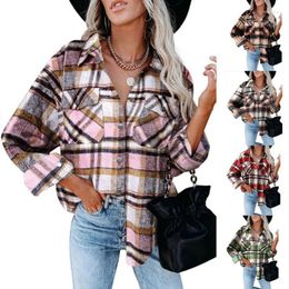 Women's Blouses Woollen Plaid Casual Shirt For Women Autumn Winter Fashion Coat Tops Blusa Mujer Moda 2024 Camisas Long Sleeve Clothes