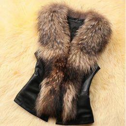 Women's Vests Women Leather Faux Fur Coat 2024 Winter Jacket Casual Sleeveless Collar Vest
