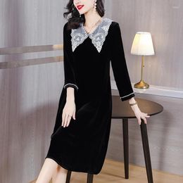 Casual Dresses 2024 Fashion Black Embroidered Velvet Dress Women's Autumn Doll Neck Long Sleeve Loose Fit Holiday Party Vestidos