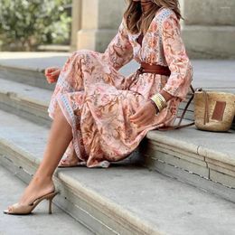 Casual Dresses Plus Size XL 2024 Elegant Print Maxi Dress Bohemian Women Sundress Loose Long Sleeve Party Vestidos