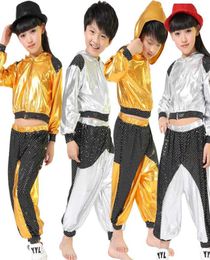 Girls Boys Gold Silver Ballroom Jazz Hip Hop Dance Competition Costume Kid Clothing Clothes Hoodie Shirt Top Pants Dancing Wear1856487