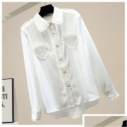 Women'S Blouses & Shirts Womens Blouses Love Heart Pearls Beading Ruffles Work Black White Blouse Autumn Korean Elegant Shirt Long Sl Dhvrh
