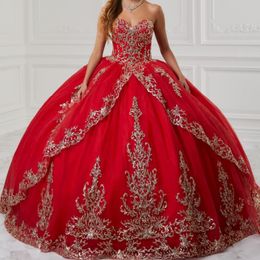 Red Sweetheart Ball Gown Quinceanera Dresses Gold Appliques Lace Tull Off The Shoulder Corset Vestidos De Anos