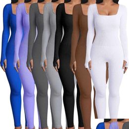 Women'S Jumpsuits & Rompers Women Jumpsuits Autumn And Winter New Product With Threaded Square Neck Buttocks Lifting Slim Fitting Y R Dhdaj