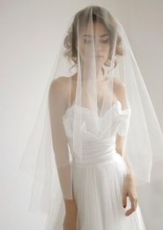 Circle Fingertip Wedding Veil With Blusher White Ivory Tulle Bridal Veil With Cut Edage Cheap Blusher Veil Simple Style Drop Veils1429068