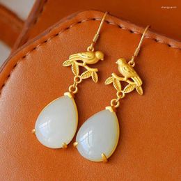 Dangle Earrings Silver Natural An White Chalcedony Drop Chinese Style Retro Unique Ancient Gold Craft Charm Women's Jewellery
