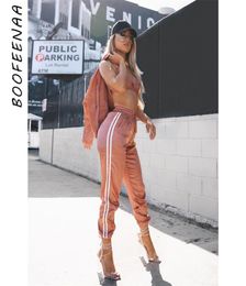 BOOFEENAA Spring 2020 Casaul Tracksuit Women 2 Piece Set Top And Pants Satin Striped Patchwork Zipper Sexy Sweatshirt Sweat Suit C4463564