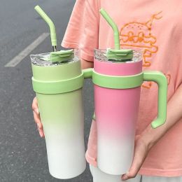1200ml Stainless Steel Thermos Insulation Coffee Mugs With Handle Vacuum Flasks Portable Straw Summer Water Bottle Tumblers 0119