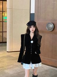 Work Dresses Sweet Girl Suit Women's Winter Black Velvet Jacket A-line Pleated Mini Skirt Two-piece Set Fashion Female Clothes