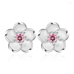 Stud Earrings 925 Silver Needle Fashion Cherry Blossoms Flower Crystal Ladies Cute Women Jewellery Birthday Gift