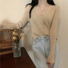 Women's Knits Korean Style Knitted Cardigan Solid Floral Edge V-neck Striped Underwear 2024 Autumn Long Sleeve Short Sweater Top