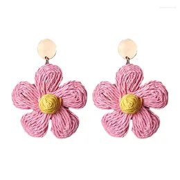 Stud Earrings Pink Flowers Dangle Raffia Jewellery For Women Boho Handmade Summer Tropical Straw Bohemian Beach Accessories