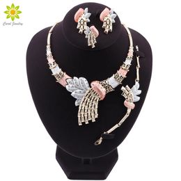 Chokers New Indian Jewellery Sets Bridal Wedding Crystal Dubai Gold Colour Jewellery Sets for Women Necklace Earrings Bracelet Ring Set