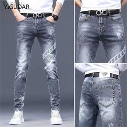 Men's Jeans Mens stretch denim print pants jeans Korea slimming trendy casual jeans all-match light luxury men jeans pants for menL240119