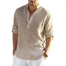 Men's Casual Shirts Cotton Linen Summer Thin Loose Blouse V Neck Long Sleeve Breathable Male Solid Colour Tops