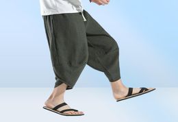 Men039s Pants Cotton Linen Cropped Pant Solid Casual Wide Leg Bloomers Drawstring Elastic Waist CalfLength Trousers Men Plus S5682920